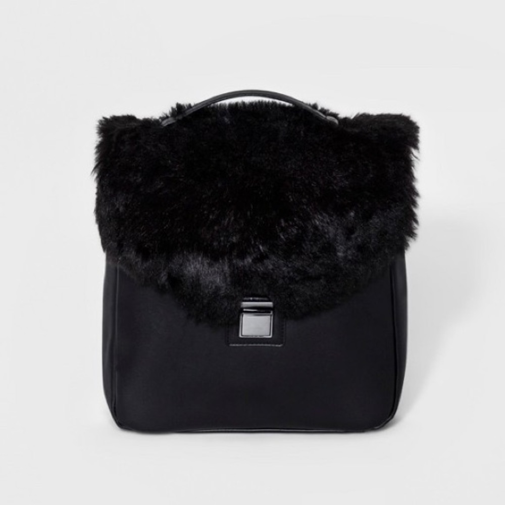 Black Faux Fur Square Backpack